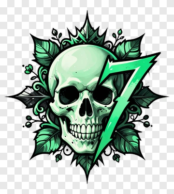 Skull With Number Seven And Leaf Ornament PNG