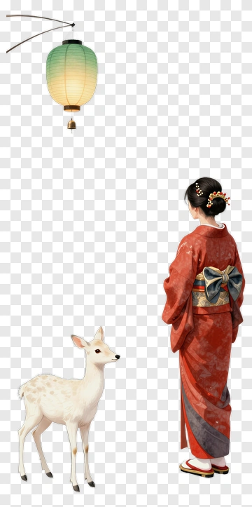 Woman And Deer By Lake With Lantern PNG