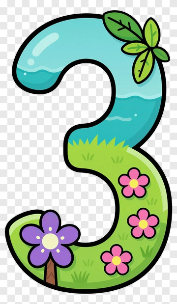 Colorful Number Three With Flowers And Leaf PNG