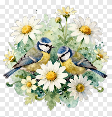 Two Blue Tits Among Daisies PNG
