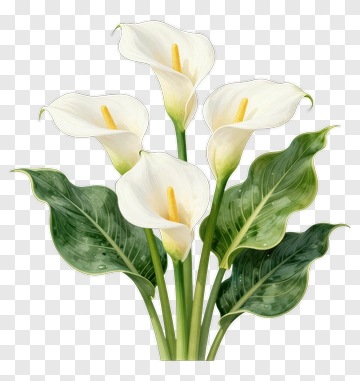 White Calla Lily Bouquet With Green Leaves PNG
