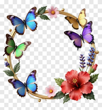 Colorful Butterflies And Flowers In Wreath Design PNG