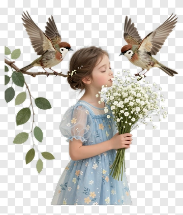 Girl With Birds And Flower Bouquet PNG
