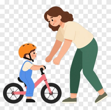 Mother Helping Child Ride Bicycle PNG