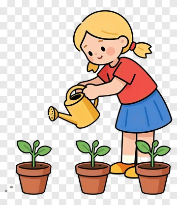 Girl Watering Three Potted Plants PNG