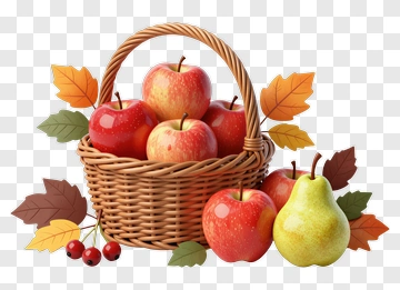 Basket Of Apples And Pears With Autumn Leaves PNG
