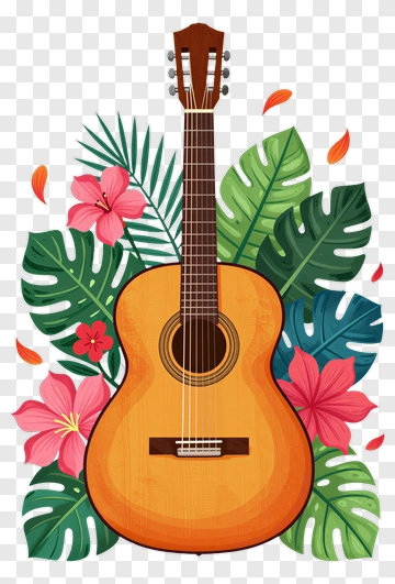 Acoustic Guitar With Tropical Flowers PNG