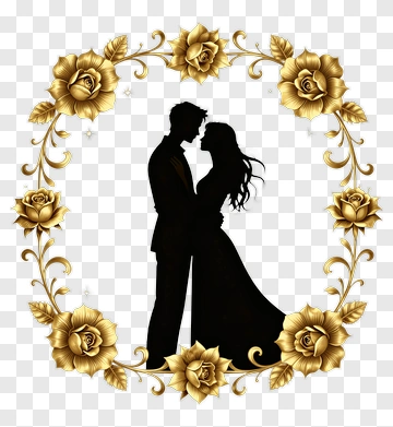Couple Silhouette In Golden Floral Frame PNG