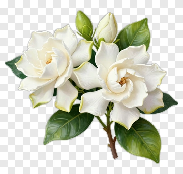 White Gardenia Blossoms With Green Leaves PNG