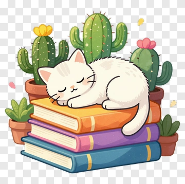 Sleeping Cat On Books With Cactus PNG