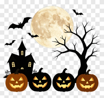 Halloween Scene With Jack-o-lanterns And Witch House PNG