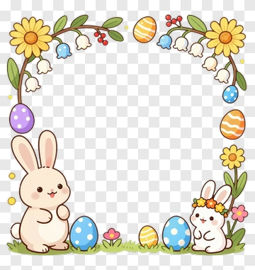 Cute Easter Bunnies With Decorative Eggs PNG