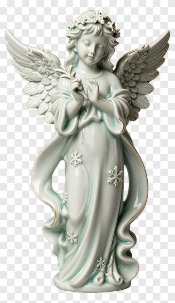 Ceramic Angel Figurine With Wings And Snowflakes PNG