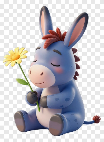 Blue Donkey Holding Yellow Flower PNG