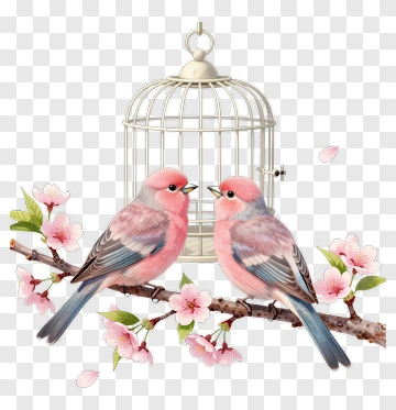 Two Birds On Cherry Blossom Branch PNG