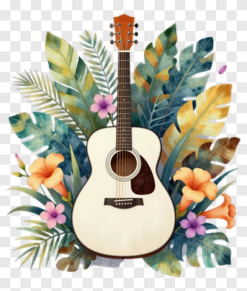 Acoustic Guitar Surrounded By Tropical Flowers PNG