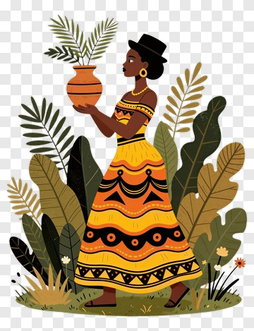 Woman In Traditional Dress Holding A Vase With Plant PNG
