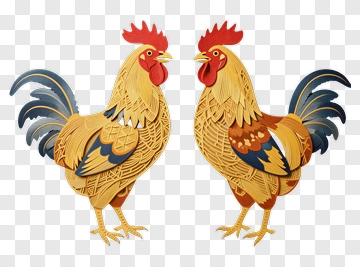 Two Roosters With Intricate Feather Patterns PNG