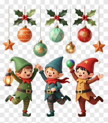 Three Festive Elves With Hanging Decorations PNG