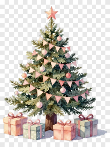 Watercolor Christmas Tree With Gift Boxes PNG