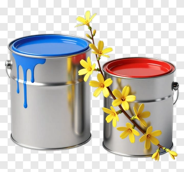 Blue And Red Paint Cans With Yellow Flowers PNG
