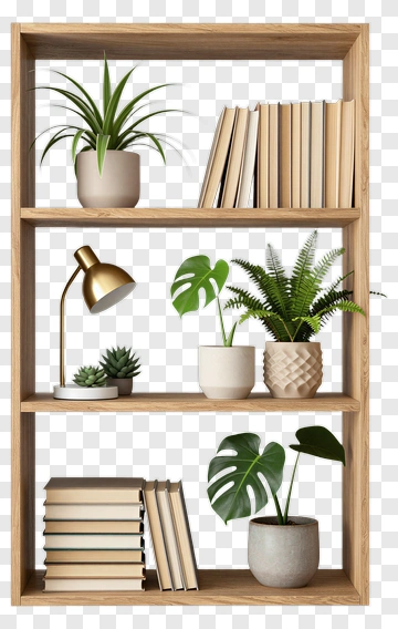 Wooden Shelf With Plants Books And Lamp PNG