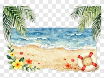 Tropical Beach Scene With Flowers And Palm Leaves PNG