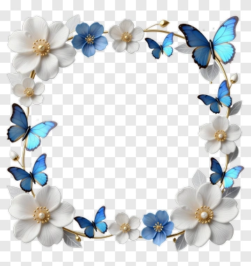 White Flowers And Blue Butterflies Frame PNG