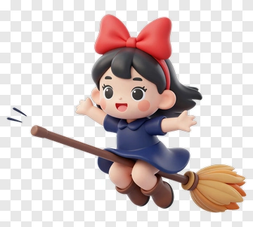 Cute Witch Riding Broom PNG