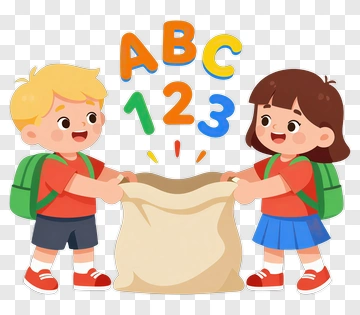 Children Holding Sack With ABC And Numbers PNG