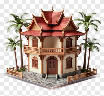 Thai-style House With Palm Trees PNG