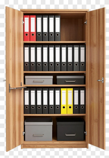 Wooden Cabinet With File Folders And Storage Boxes PNG