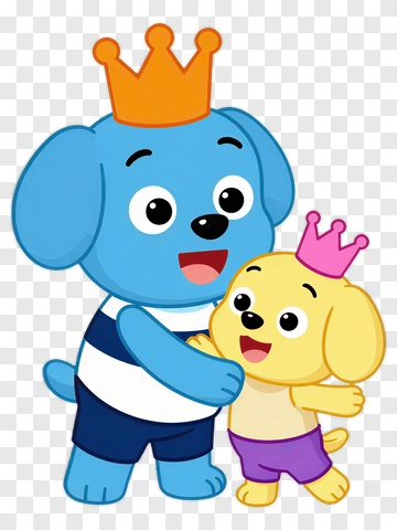 Blue And Yellow Cartoon Dogs With Crowns PNG