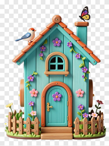 Teal Birdhouse With Bird And Butterfly PNG