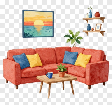 Red Sofa With Blue And Yellow Pillows PNG