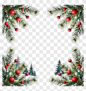 Watercolor Christmas Pine Branches With Red Ornaments PNG