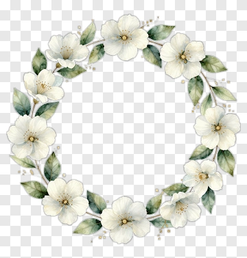 White Flower Wreath With Green Leaves PNG