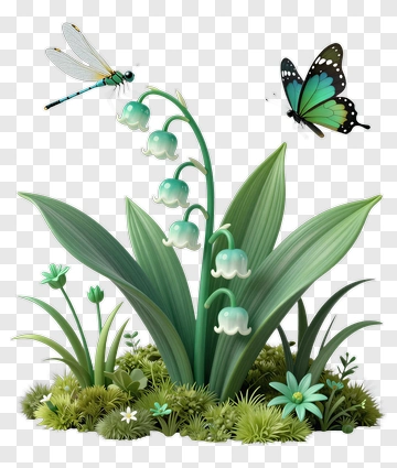 Lily Of The Valley With Dragonfly And Butterfly PNG