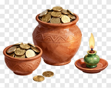 Ceramic Pot With Coins And Candle PNG