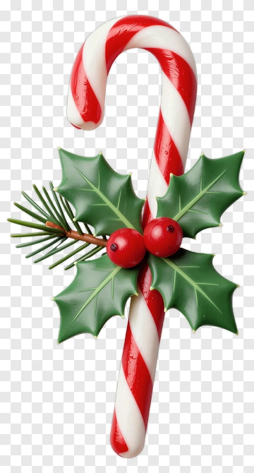 Red And White Candy Cane With Holly PNG