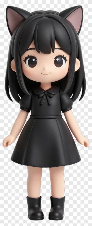 Chibi Girl With Cat Ears In Black Dress PNG