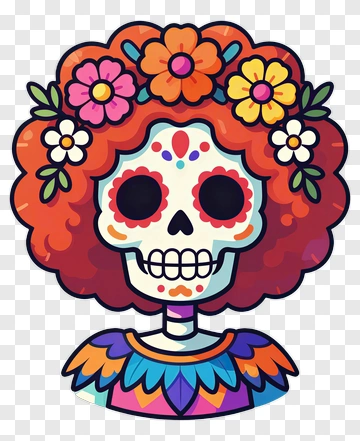 Colorful Sugar Skull With Floral Headdress PNG