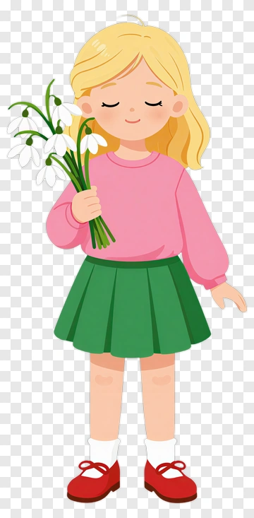 Girl Holding Snowdrop Bouquet PNG