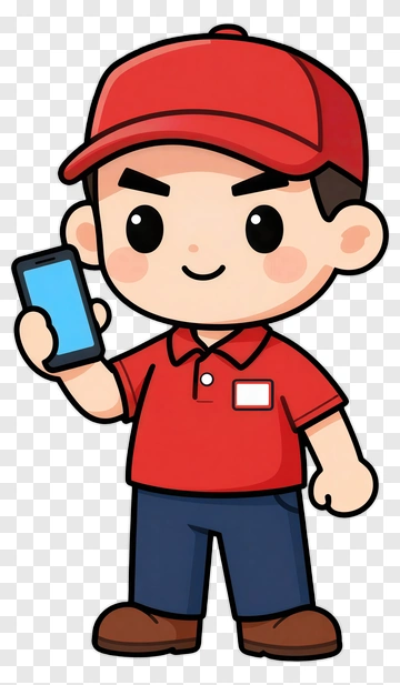 Friendly Delivery Boy Holding Smartphone PNG
