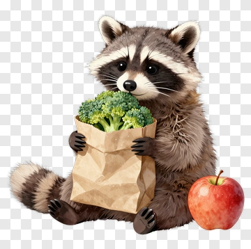 Raccoon Holding Broccoli And Apple PNG