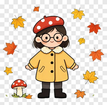 Child In Autumn Outfit With Falling Leaves PNG