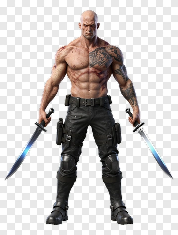 Tattooed Muscular Fighter With Swords PNG