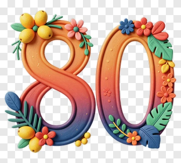 Colorful Number 80 With Floral Decor PNG