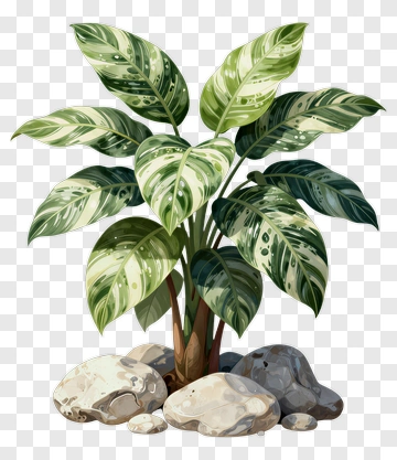 Variegated Leaf Plant With Stones PNG