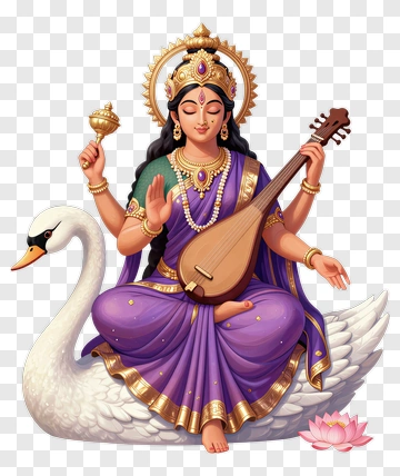 Goddess Saraswati With Veena On Swan PNG